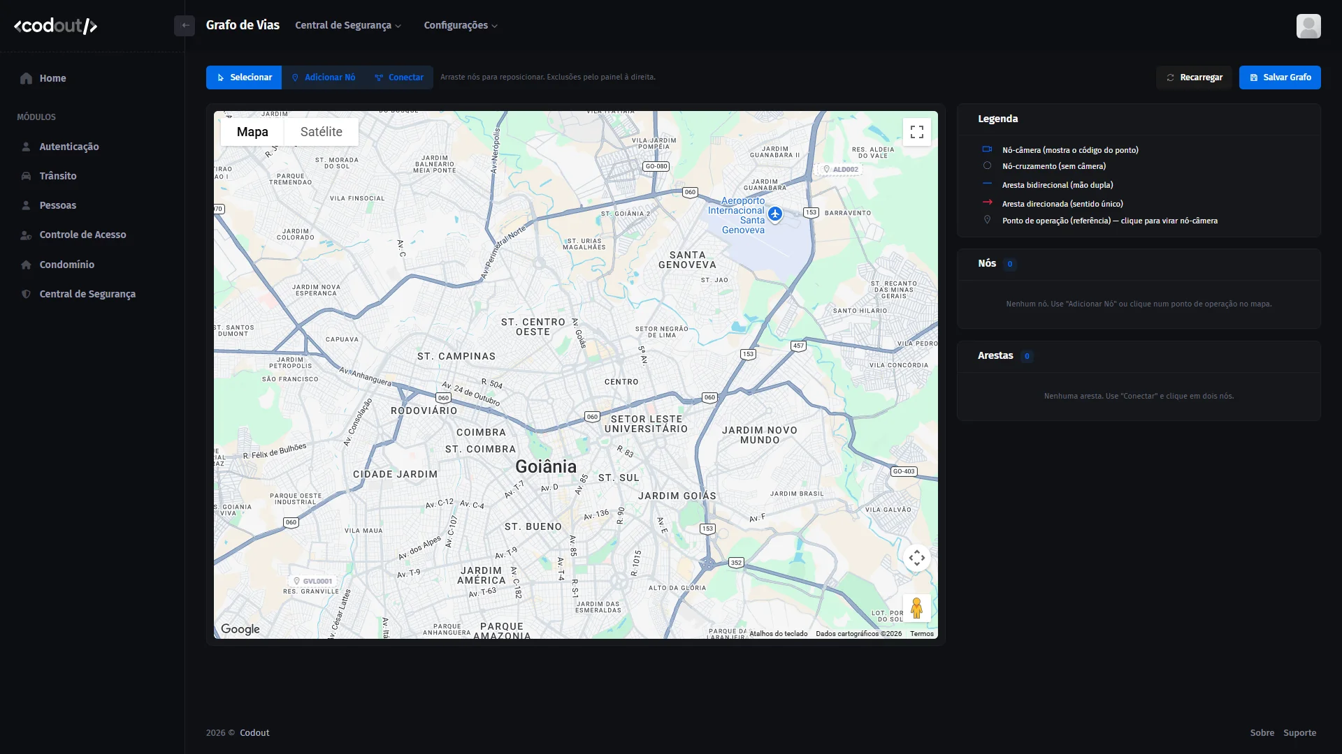 Editor do grafo de vias do Loox: o mapa do condomínio com nós e trechos ligando as vias internas, usado para calcular a rota esperada entre a portaria e cada unidade.