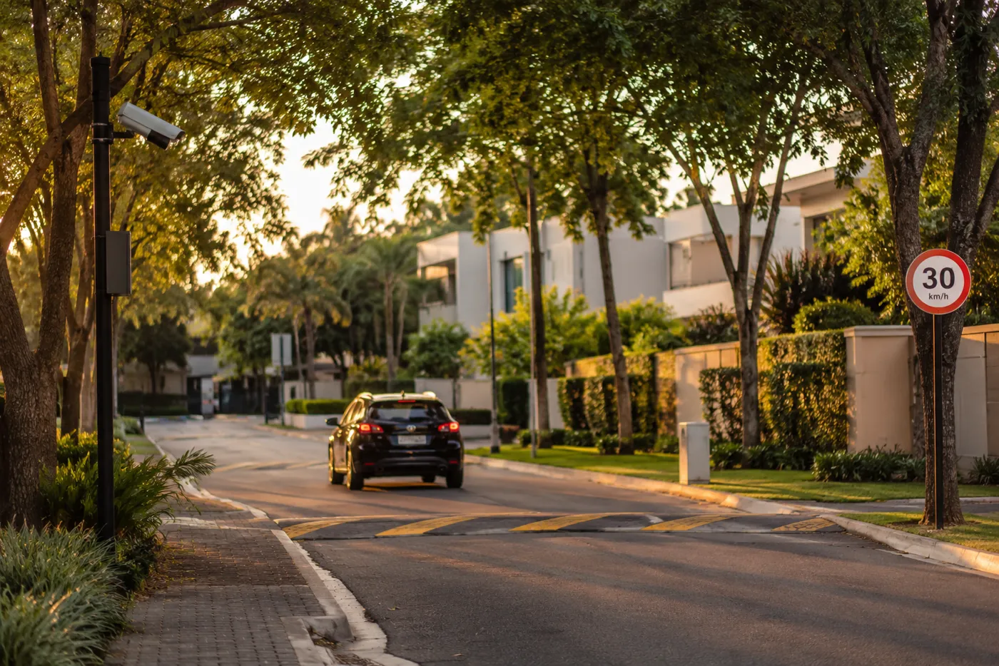 Via interna de condomínio ao amanhecer, com lombada, placa de limite de 30 km/h e uma câmera instalada em poste apontada para a pista.